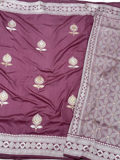 Purple Wine Pure Mulberry Katan Silk Ektara Handwoven Banarasi Saree - Kadhwa Weave