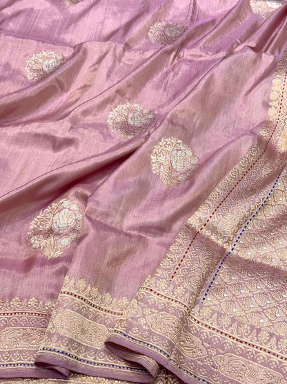 Mauve Pink Pure Mulberry Katan Tissue Silk Handwoven Banarasi Saree - Kadhwa Weave
