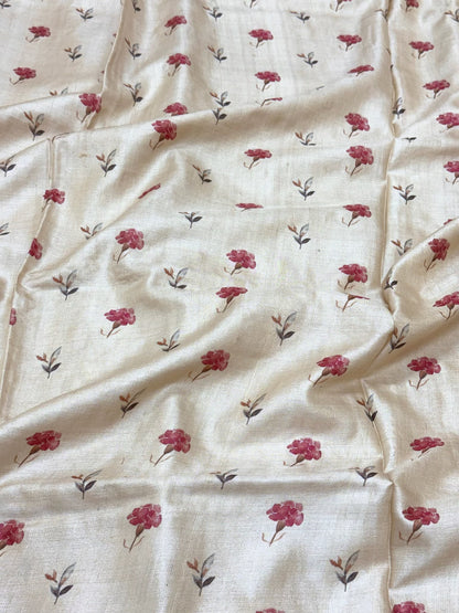 Ivory Pure Tussar Silk Handloom Printed with Embroidery Banarasi Saree