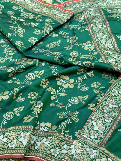 Green Pure Double Katan Silk Handloom Banarasi Saree | Ektara + Jamdani Weave |
