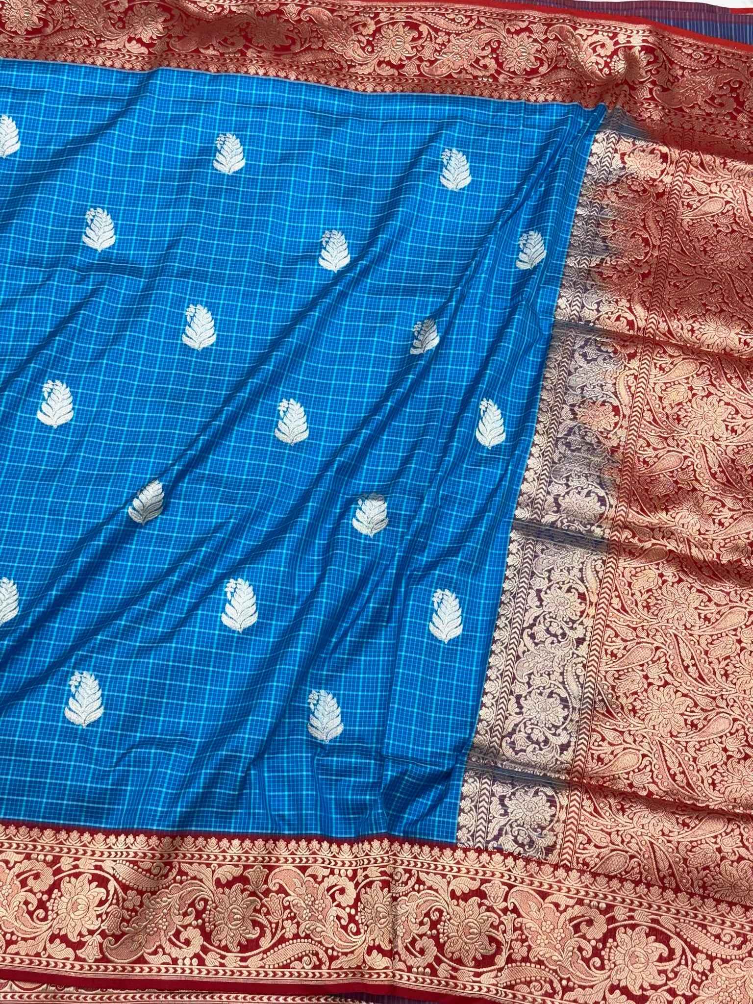 German Blue Handwoven Banarasi Checks Saree | Pure Mulberry Katan Silk - Contemporary Kadhwa Banarasi Saree