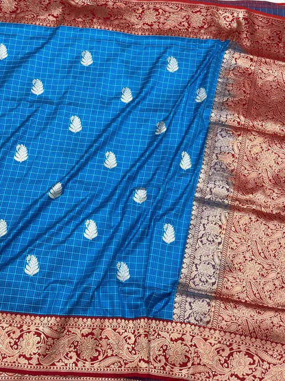 German Blue Handwoven Banarasi Checks Saree | Pure Mulberry Katan Silk - Contemporary Kadhwa Banarasi Saree