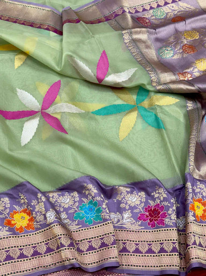 Pista Green Pure Kora Silk Ektara Saree - Pure Mulberry Silk | Kadhwa Weaving Modern Contemporary Banarasi Silk Saree