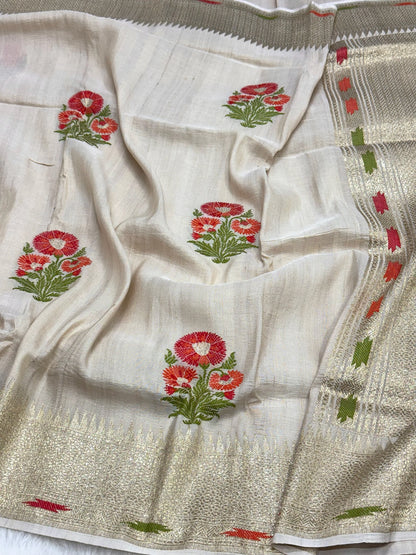 Ivory Pure Tussar Georgette Handwoven Banarasi Silk Saree