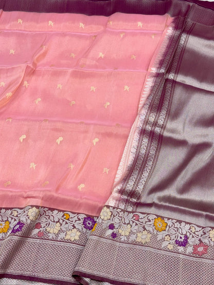 Peach Pure Kora Tissue Silk Handwoven Banarasi Saree - Kadhwa Technique | The Couture Drape