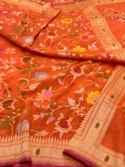Orange Pure Muslin Cotton Jamdani Handloom Banarasi Saree with Ektara Weave