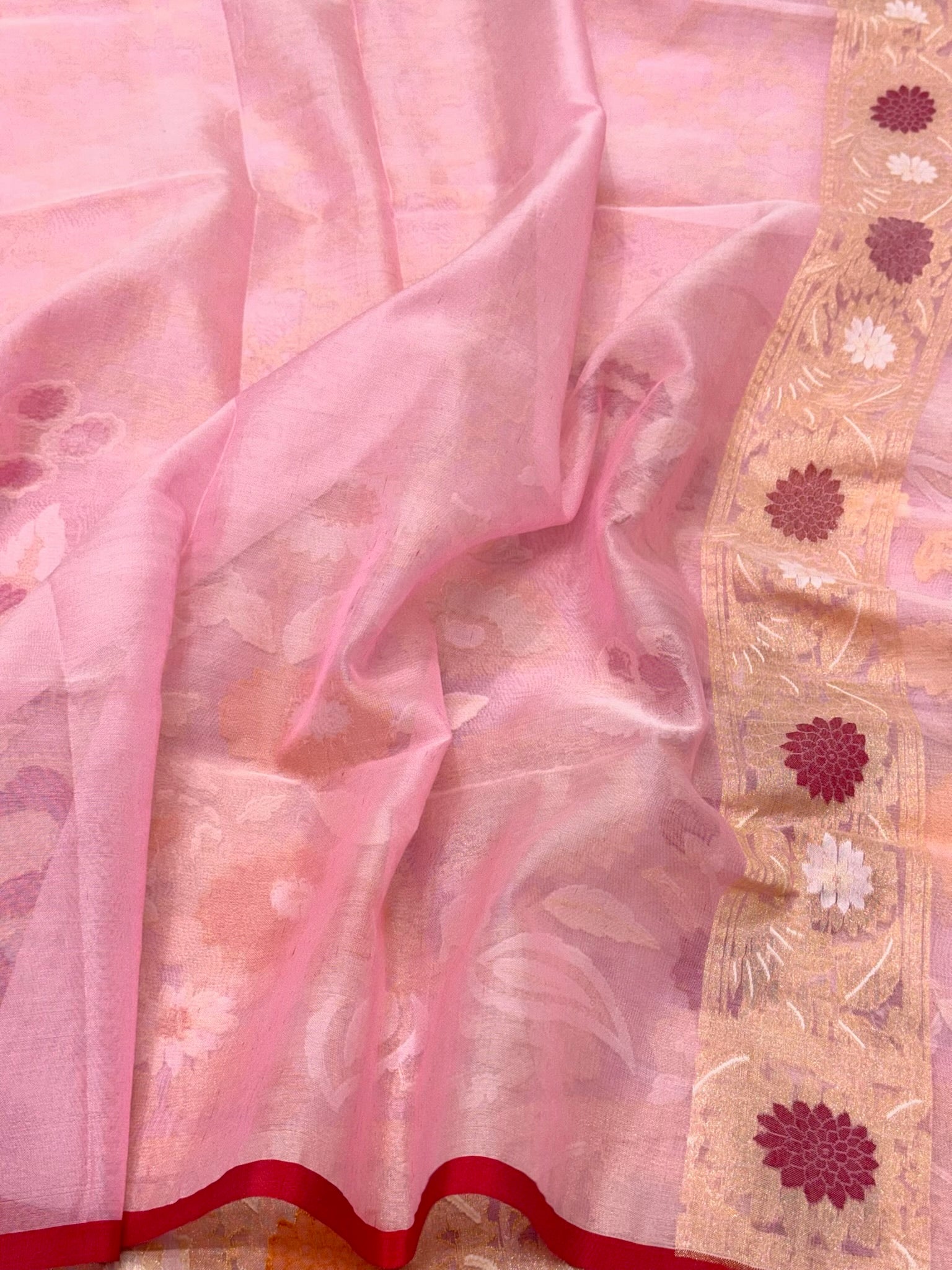 Baby Pink Pure Mulberry Kora Silk | Ektara Technique | Jamdani Handloom Contemporary Banarasi Modern Saree
