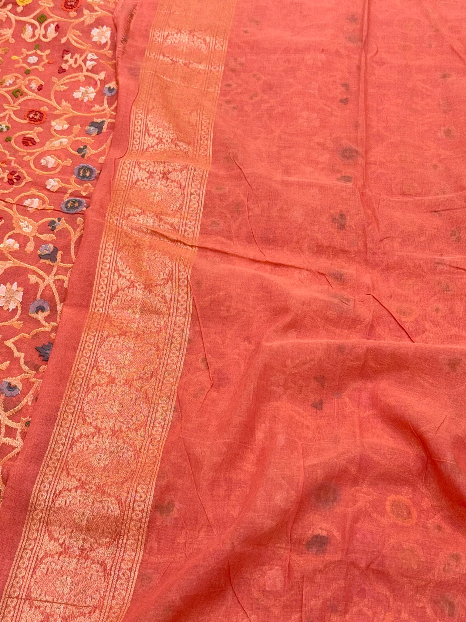 Neon Orange Pure Muslin Cotton Jamdani Handloom Banarasi Ektara Saree