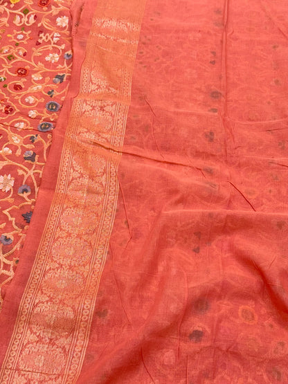 Neon Orange Pure Muslin Cotton Jamdani Handloom Banarasi Ektara Saree