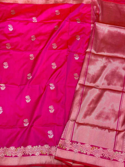 Reddish Pink Pure Mulberry Katan Silk Handwoven Banarasi Saree With Kadhwa Technique