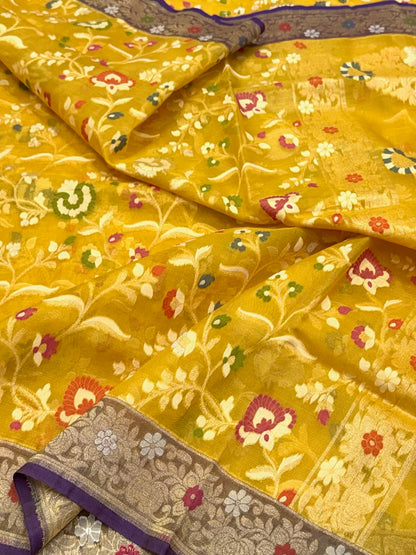 Mustard Yellow Pure Soft Kora Ektara Silk Banarasi Handloom Saree - Lightweight Soft Drape