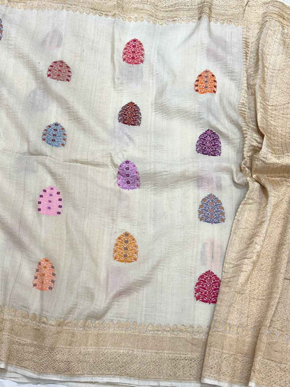Ivory Pure Tussar Georgette Silk Kadhwa Technique Handwoven Banarasi Saree