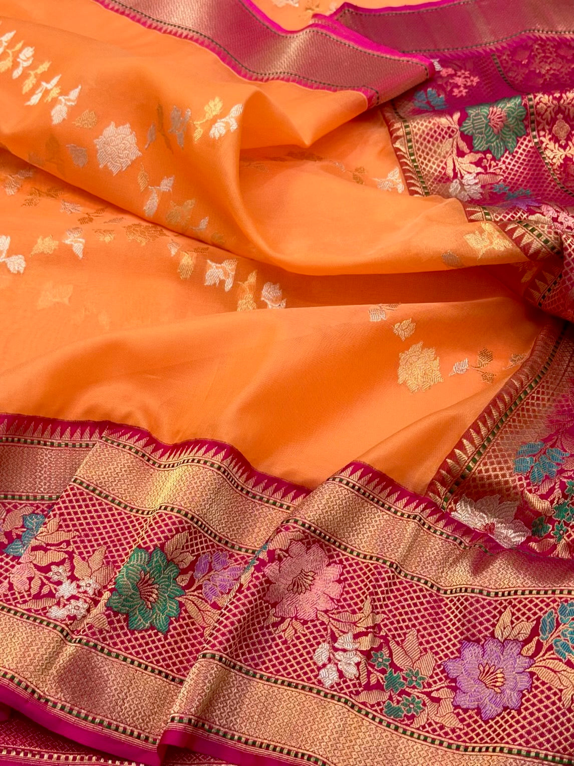 Orange Pure Kora Silk | Pure Mulberry Silk Handwoven Banarasi Saree | Ektara Weave Lightweight Banarasi Silk Saree