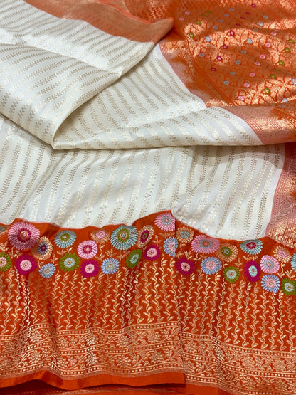 Off White Pure Katan Mulberry Handwoven Banarasi Saree | Kadhwa + Kadhiyal | The Couture Drape
