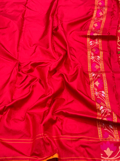 Deep Red Pure Mulberry Double Katan Silk Jamdani Handloom Banarasi Saree | Ektara Weave |