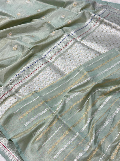 Pastel Green Pure Katan Tissue Silk Handwoven Banarasi Saree |Ektara Weave|