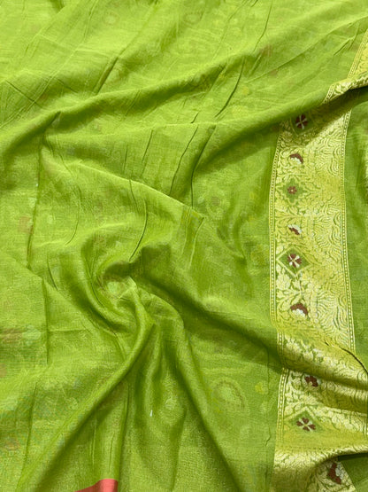 Green Pure Muslin Cotton Saree |Ektara Jamdani Handloom Banarasi Saree