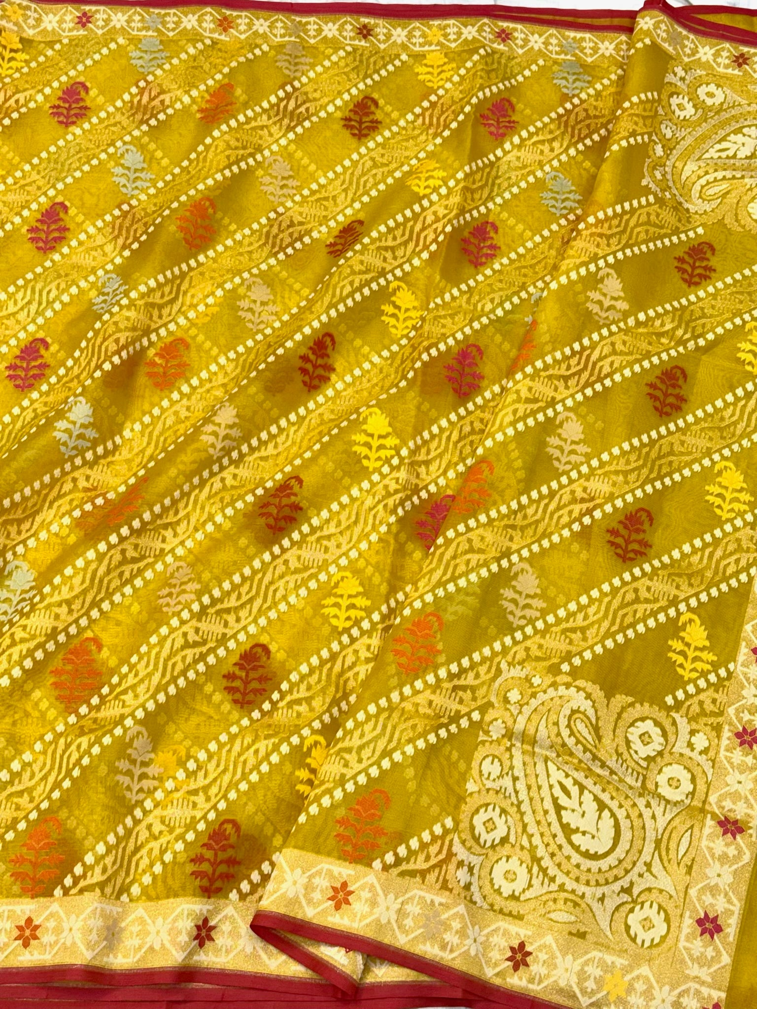Mustard Yellow Pure Kora Silk Handloom Banarasi Saree with Ektara + Jamdani Weave