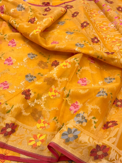 Orange Pure Mulberry Kora Organza Silk Jamdani Handwoven Banarasi Saree