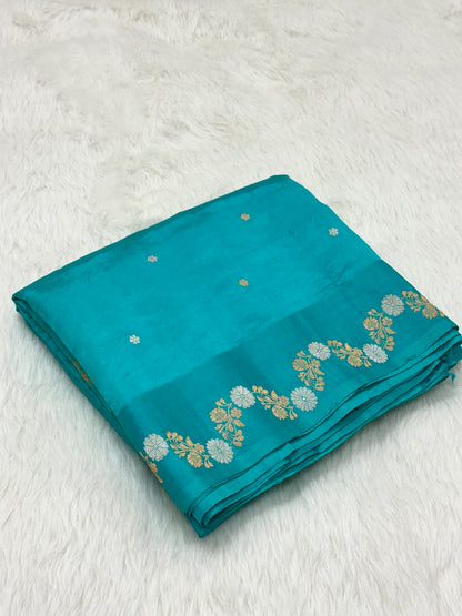 Sky Blue Pure Raw Mango Silk Handwoven Banarasi Saree