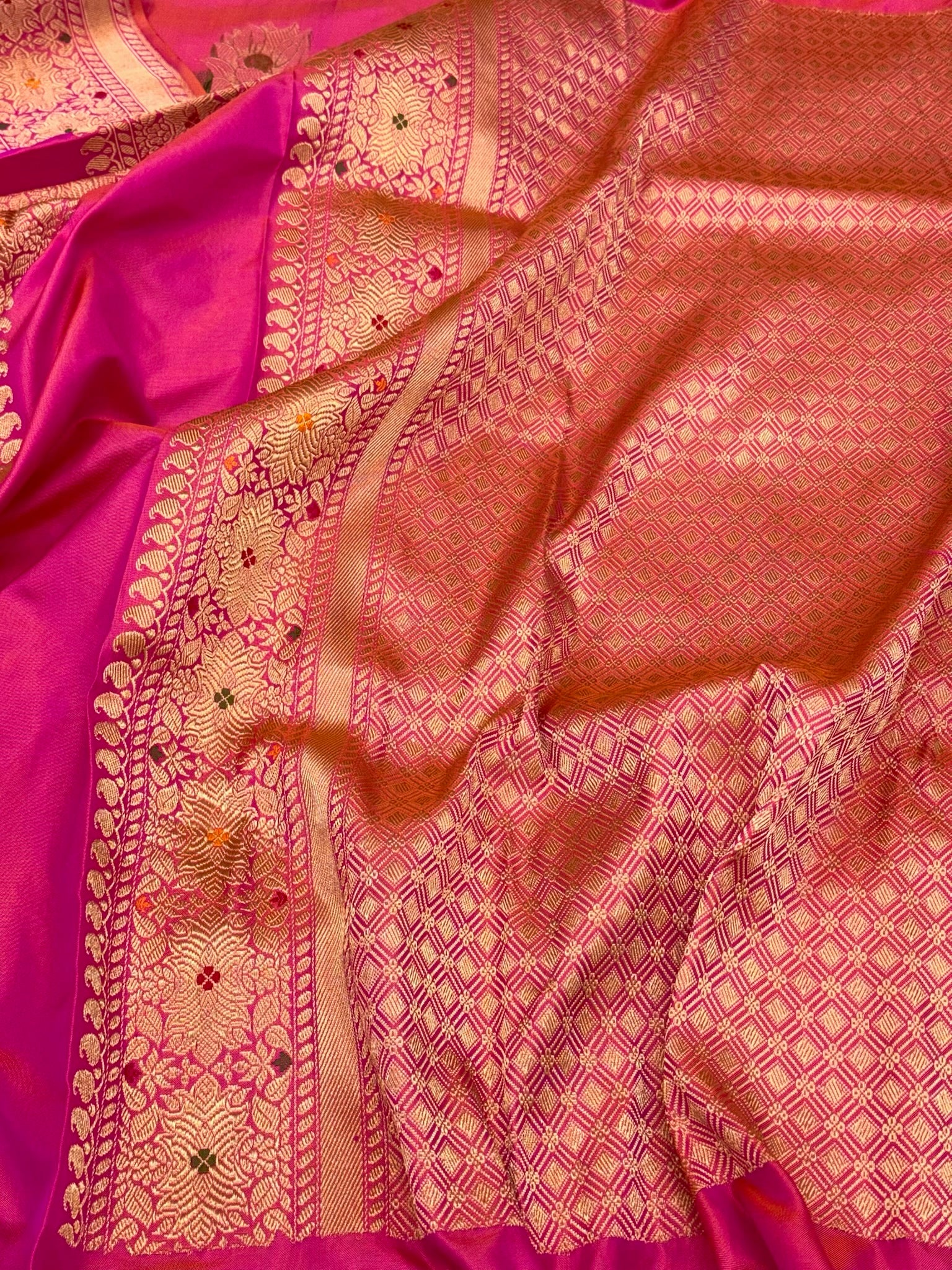 Bright Pink Pure Mulberry Silk Saree With Pure Katan Silk | Kadhwa Technique | Handwoven Authentic Ektara Banarasi Saree