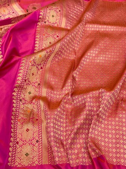 Bright Pink Pure Mulberry Silk Saree With Pure Katan Silk | Kadhwa Technique | Handwoven Authentic Ektara Banarasi Saree