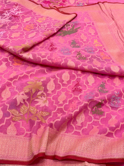 Pink Pure Muslin Cotton Jamdani | Ektara Technique | Handloom Banarasi Saree