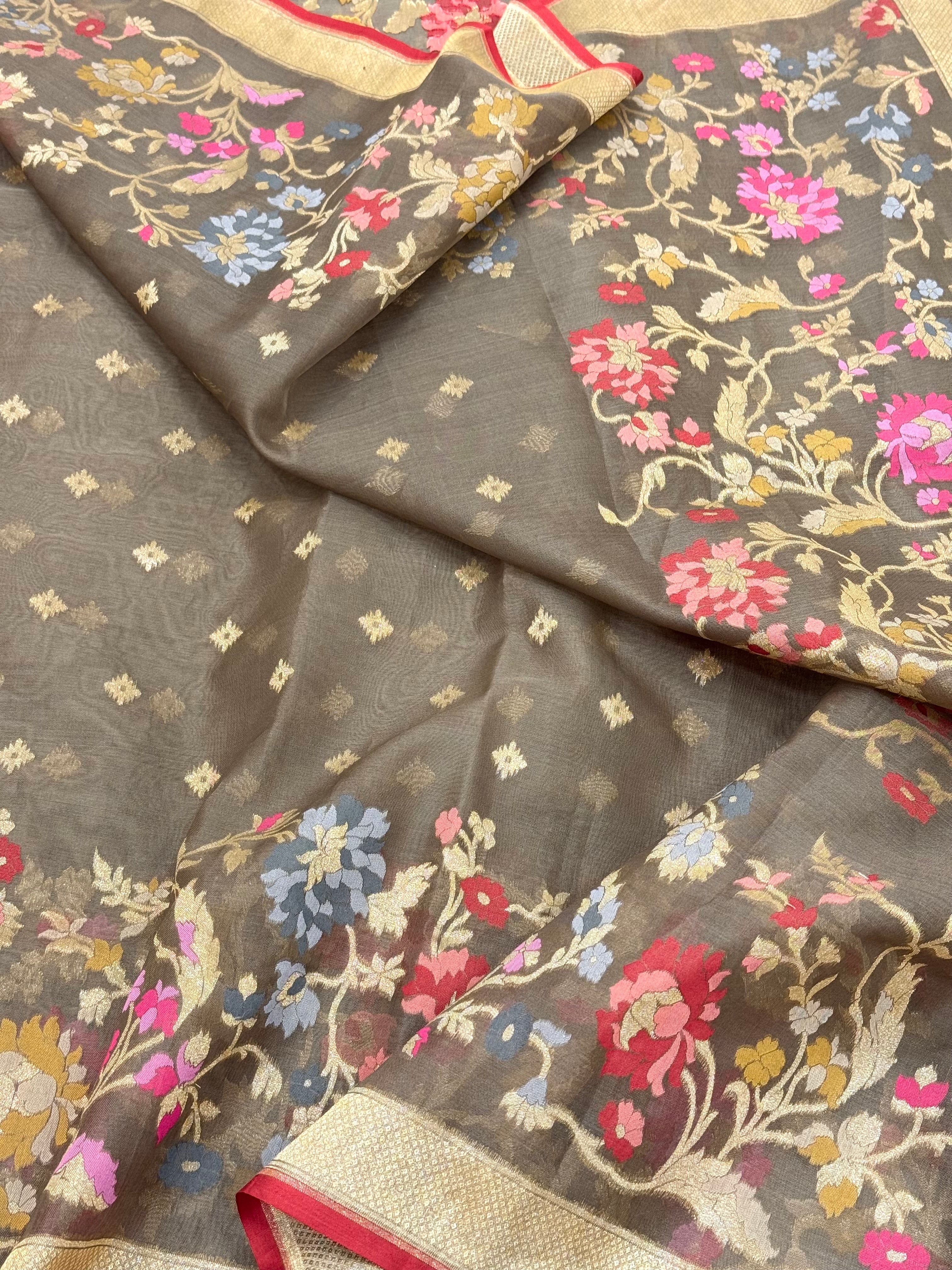 Antique Bronze Pure Kora Organza Silk Jamdani Handwoven Banarasi Saree