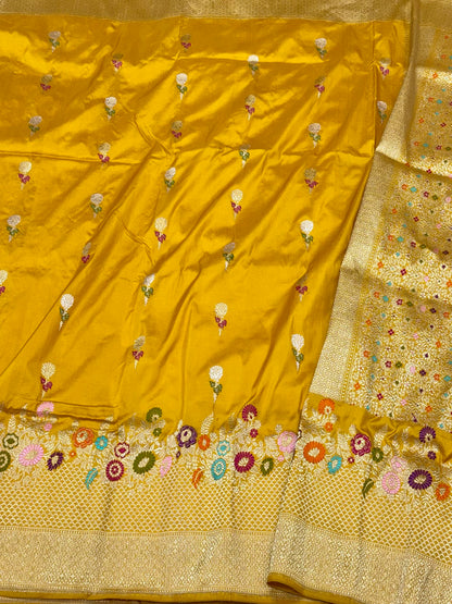 Gold Yellow Pure Katan Mulberry Silk Handwoven Banarasi Saree  Kadhwa Weave