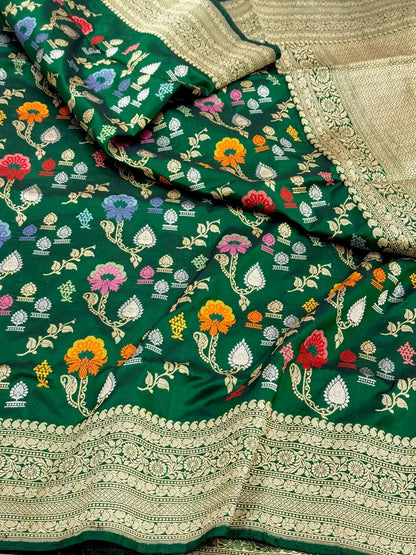 Bottle Green Pure Mulberry Katan Silk Handwoven Banarasi Saree