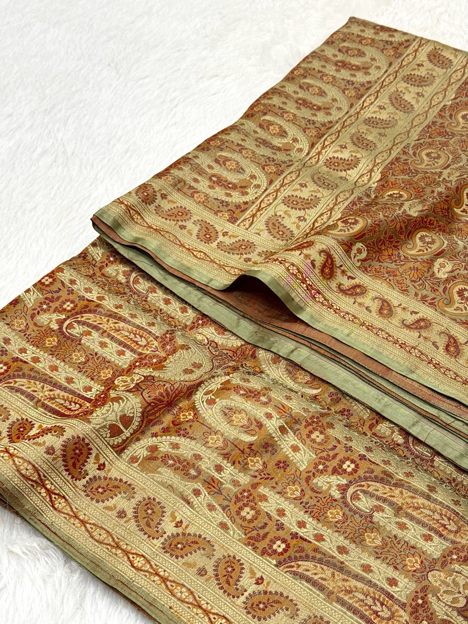 Sage Green Pure Satin Silk Handwoven Banarasi Tanchoi Saree