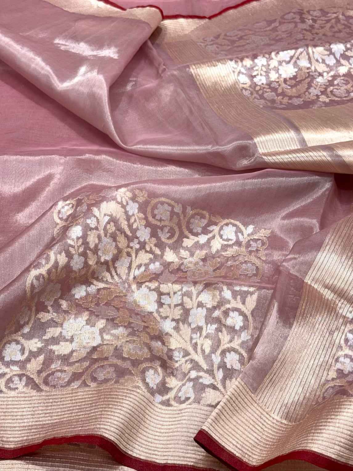 Rose Gold Pink Pure Tissue Silk Saree - 100% Pure Kora Silk | Kadhwa Weave | Handwoven Banarasi Silk Saree - Modern Contemporary Saree