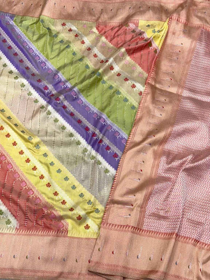 Ivory Pure Mulberry Katan Silk Handwoven Banarasi Saree | Rangkaat + Kadhwa Weave Luxury Banarasi Saree