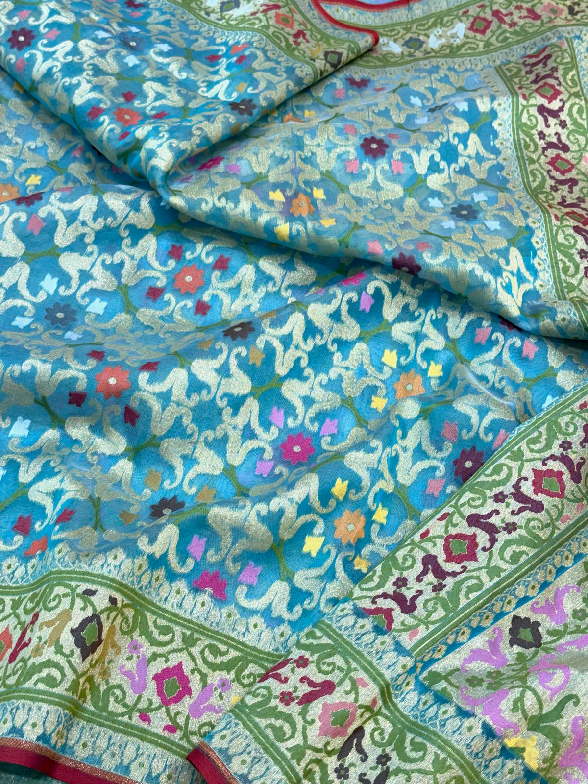 Sky Blue Pure Kora Mulberry Silk Jamdani | Ektara Technique | Handloom Modern Lightweight Banarasi Saree