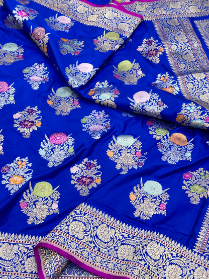 German Blue Pure Mulberry Katan Silk  Handwoven Banarasi Saree