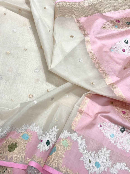 Off White Pure Kora Silk & Pure Mulberry Silk Premium Banarasi Saree - Kadhwa Technique