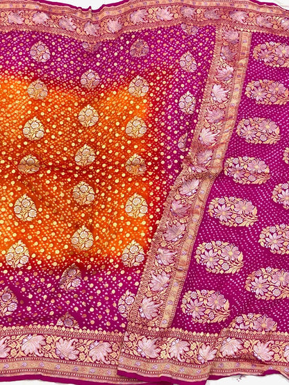 Pink/Orange Pure Chiffon Georgette Soft Drape Lightweight Saree | Handloom Banarasi Bandhej Saree
