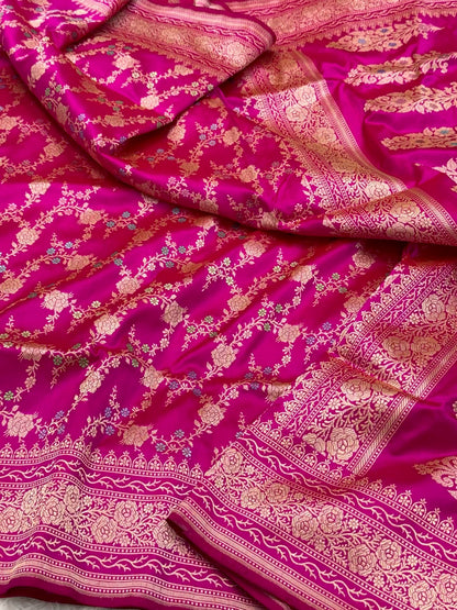 Rani Pink Pure Katan Silk Saree | Kadhwa Technique | Pure Mulberry Silk Handwoven Banarasi Silk Saree