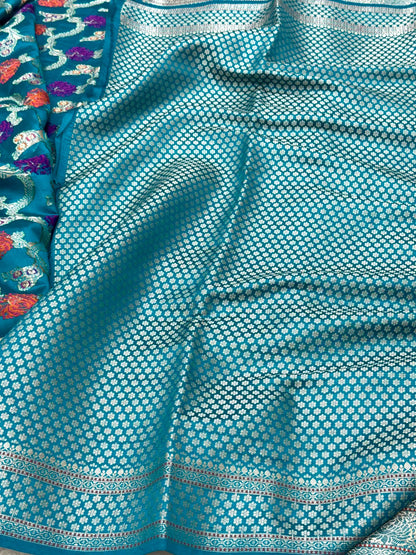 Teal Green Pure Mulberry Chiniya Silk Meenakari  Banarasi Saree- Lightweight