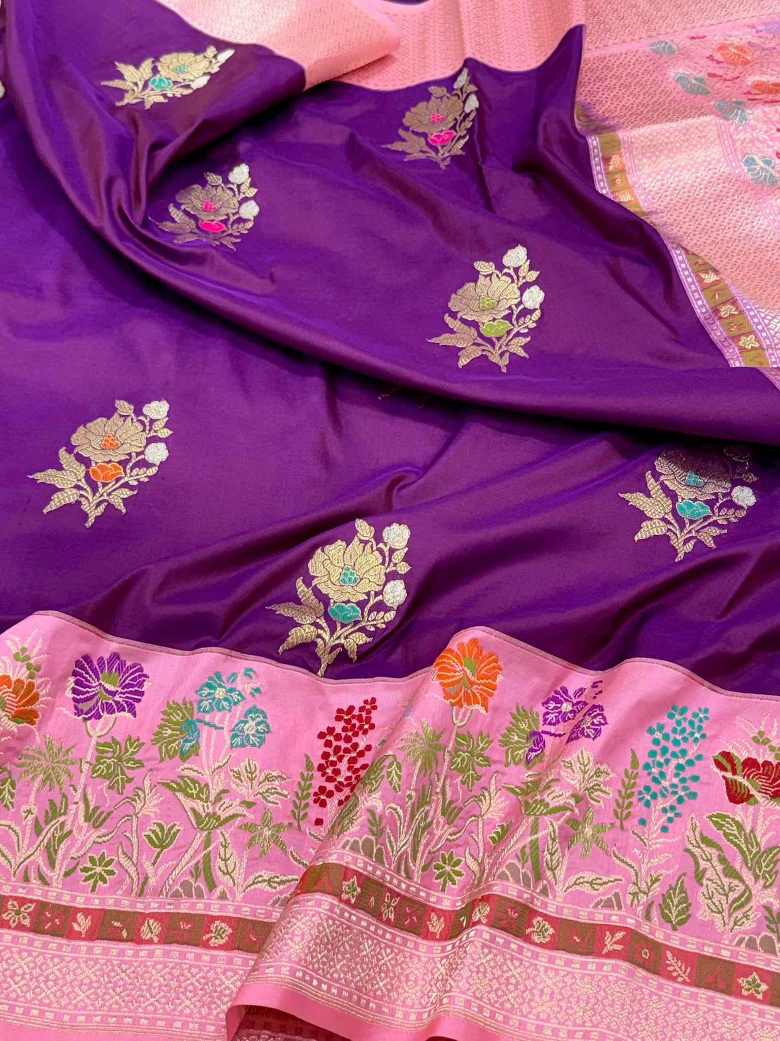Purple/Pink Pure Katan Silk Saree | Kadhwa Technique | Pure Mulberry Silk Handwoven Banarasi Saree