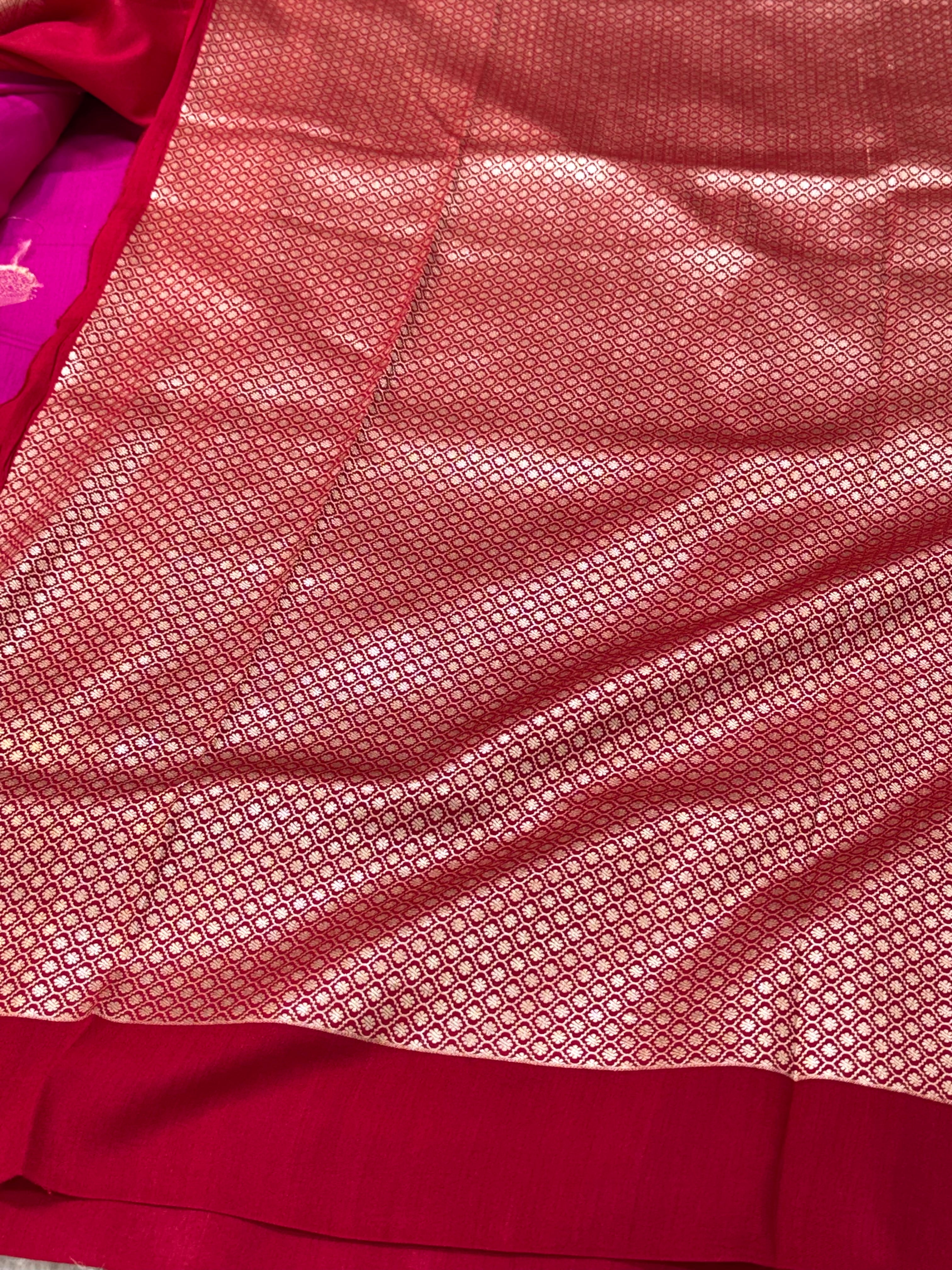 Hot Pink Pure Mulberry Muga And Satin Silk Banarasi Saree - Lightweight soft drape