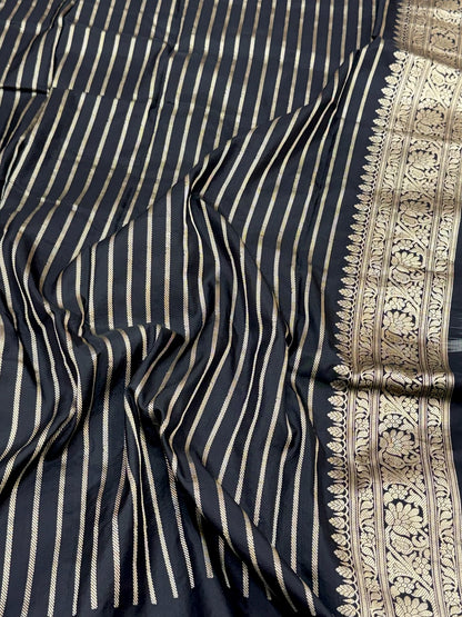 Black Pure Mulberry Silk & Pure Katan Silk | Kadhwa Technique | Exclusive Modern Authentic Banarasi Saree - Contemporary