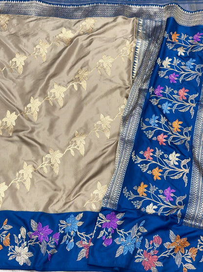 Beige Pure Katan Mulberry Silk saree | Kadhwa Ektara Weave | Banarasi Handwoven Modern Saree