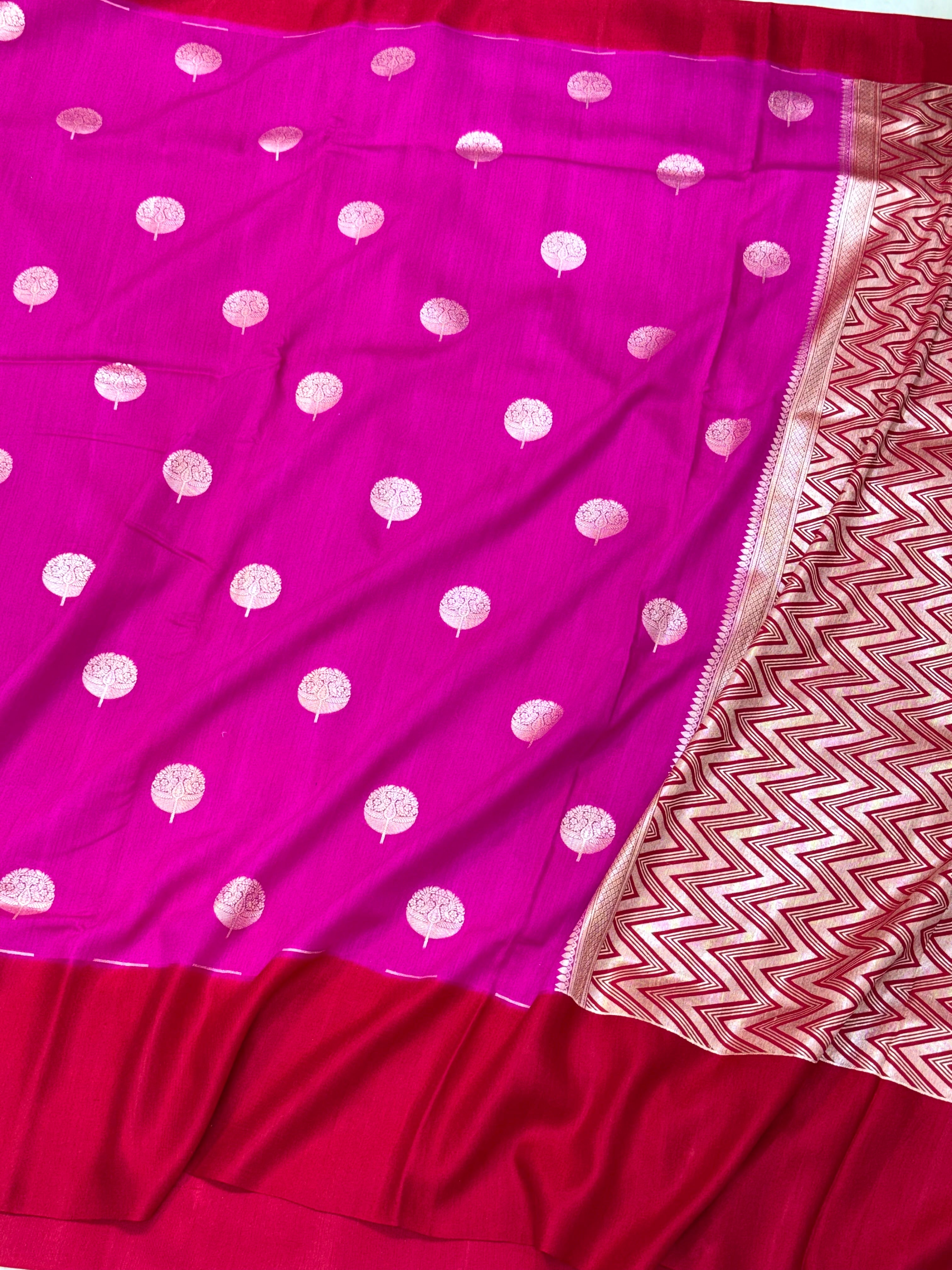 Hot Pink Pure Mulberry Muga And Satin Silk Banarasi Saree - Lightweight soft drape