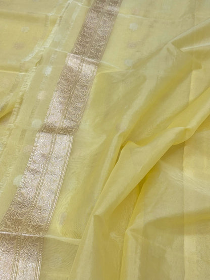 Lemon Yellow Pure Kora Mulberry Silk Handwoven Banarasi Saree | Kadhwa Weave