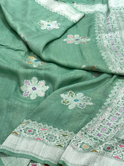 Green Pure Tussar Georgette Silk | Kadhwa Weave | Handwoven Banarasi Saree