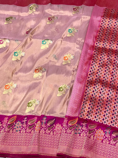 Rose Gold Pure Kora Tissue Silk & Pure Katan Silk Handwoven Banarasi Saree - Kadhwa + Kadhiyal Banarasi Saree