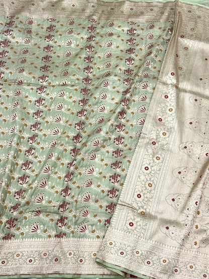 Light Pista Green Pure Katan Mulberry Silk Handloom Authentic Banarasi Saree - Meenakari Banarasi Saree