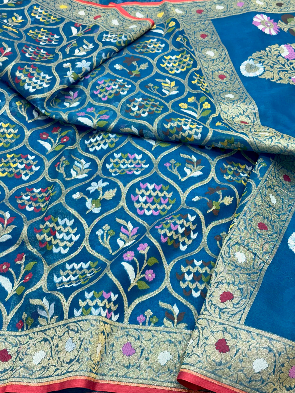 German Blue Pure Kora Mulberry Silk | Jamdani + Ektara Technique | Handloom Banarasi Lightweight Saree