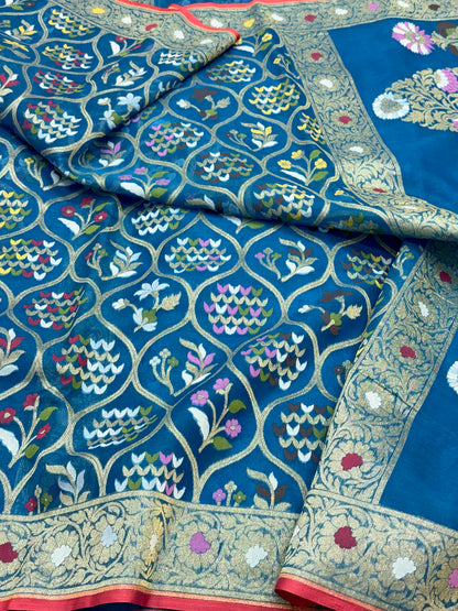 German Blue Pure Kora Mulberry Silk | Jamdani + Ektara Technique | Handloom Banarasi Lightweight Saree